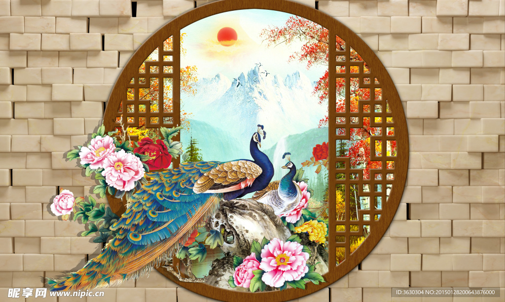 孔雀仿古3D背景电视墙画