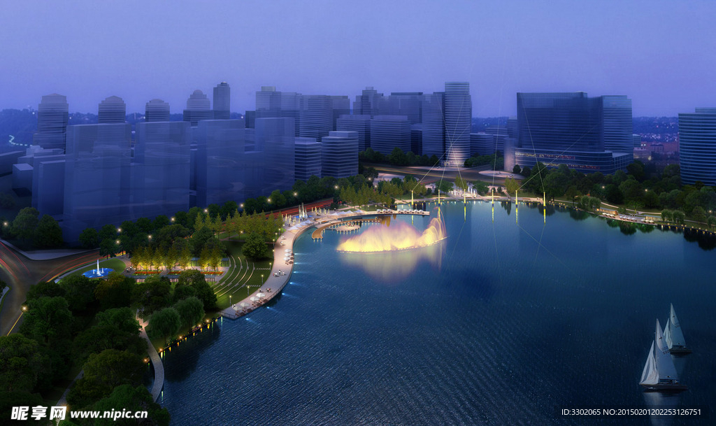湖边城市夜景设计