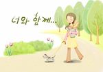 韩国手绘风清新少女在小路上遛狗