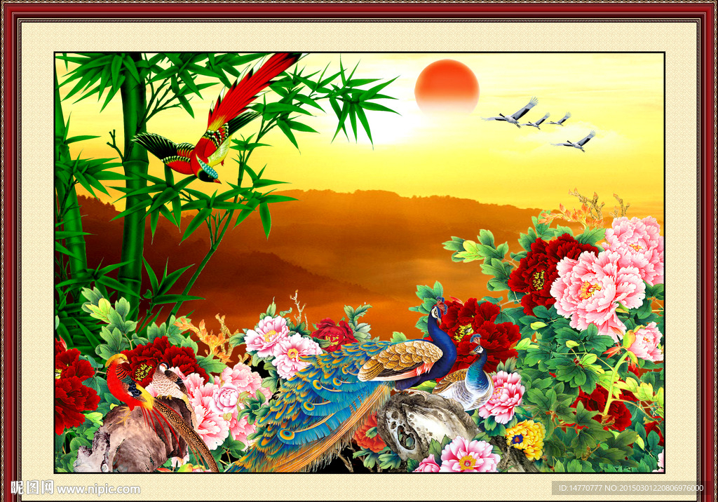 花开富贵孔雀图