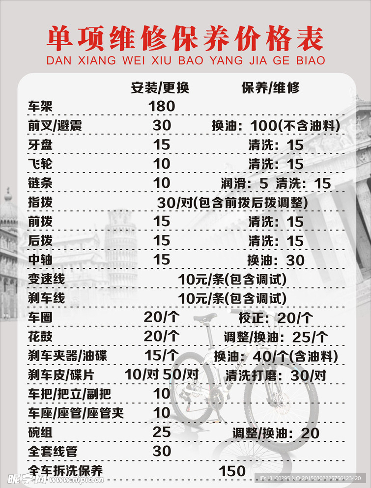自行车价目表