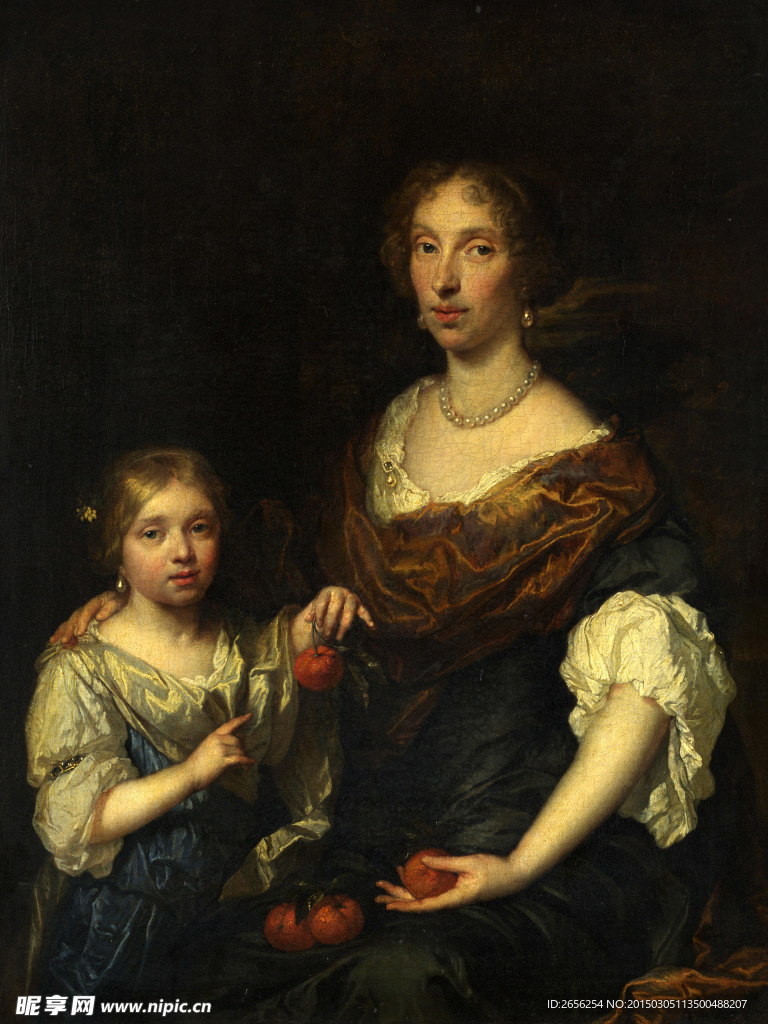 油画拿红桔的母女