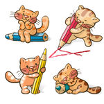 卡通猫咪与铅笔矢量素材