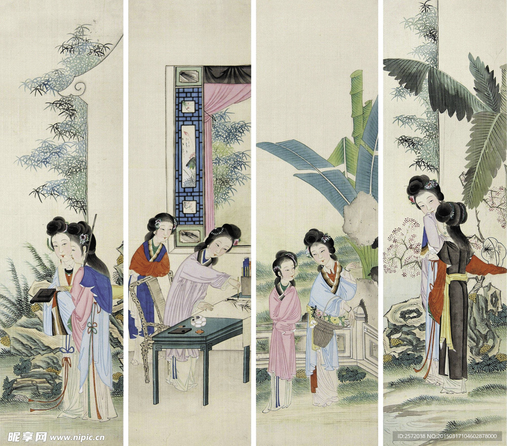 国画仕女四屏
