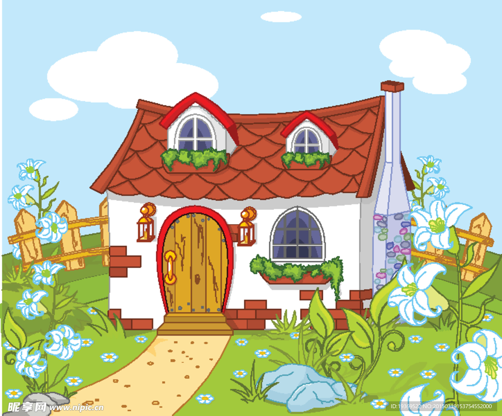 原野中的童话小屋矢量素材