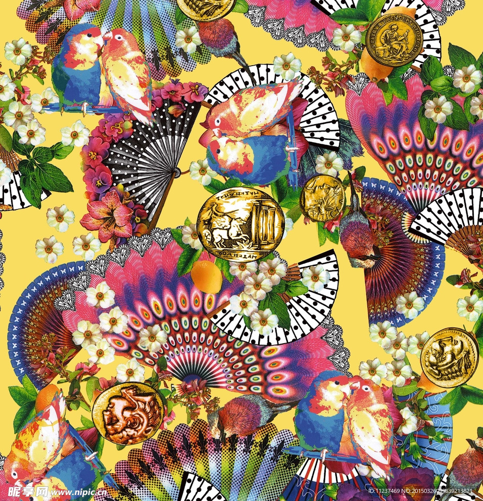钱币鹦鹉扇子