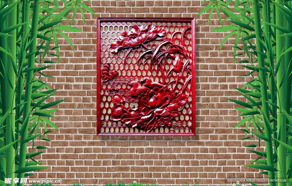 红木雕刻富贵竹背景墙