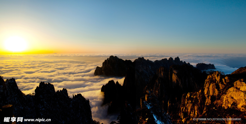 安徽 黄山 雪景 夕阳 日落