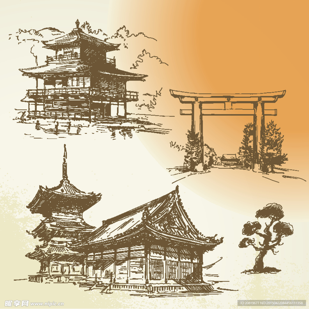 3款手绘古代建筑矢量素材