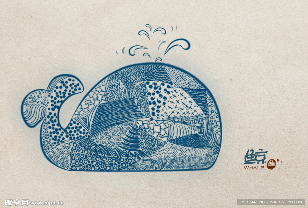 青花瓷质感拼布鲸鱼数字绘画