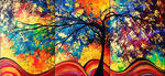 三联无框画油画抽象炫彩树