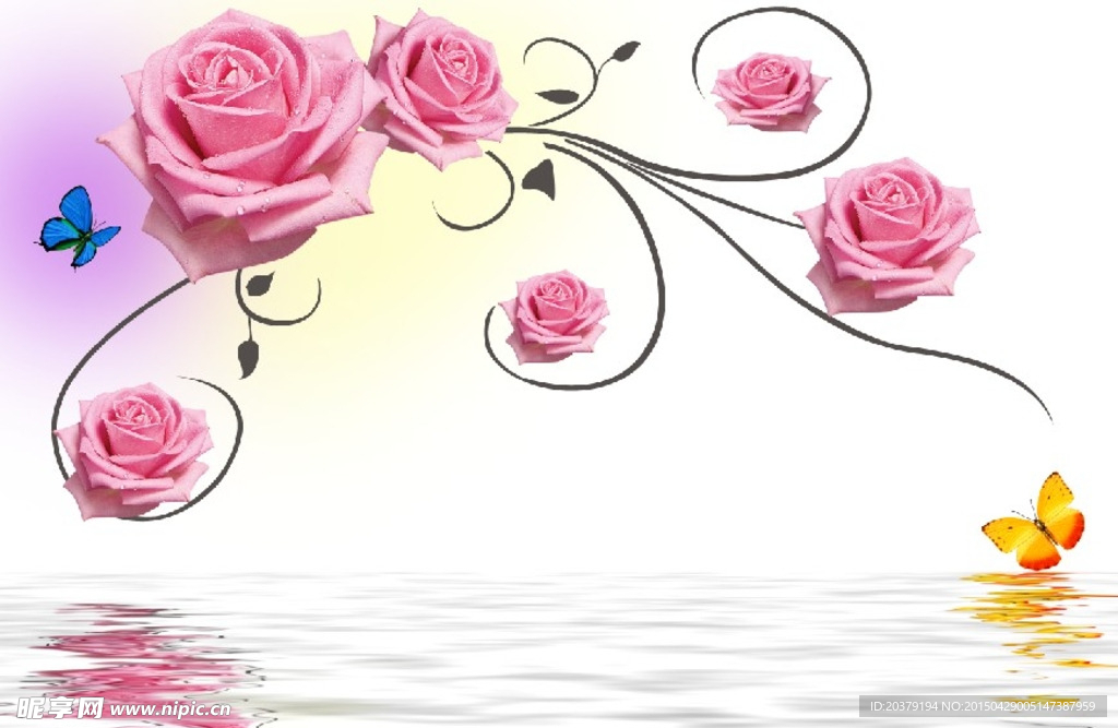 现代浪漫玫瑰花卉倒影水纹背景墙