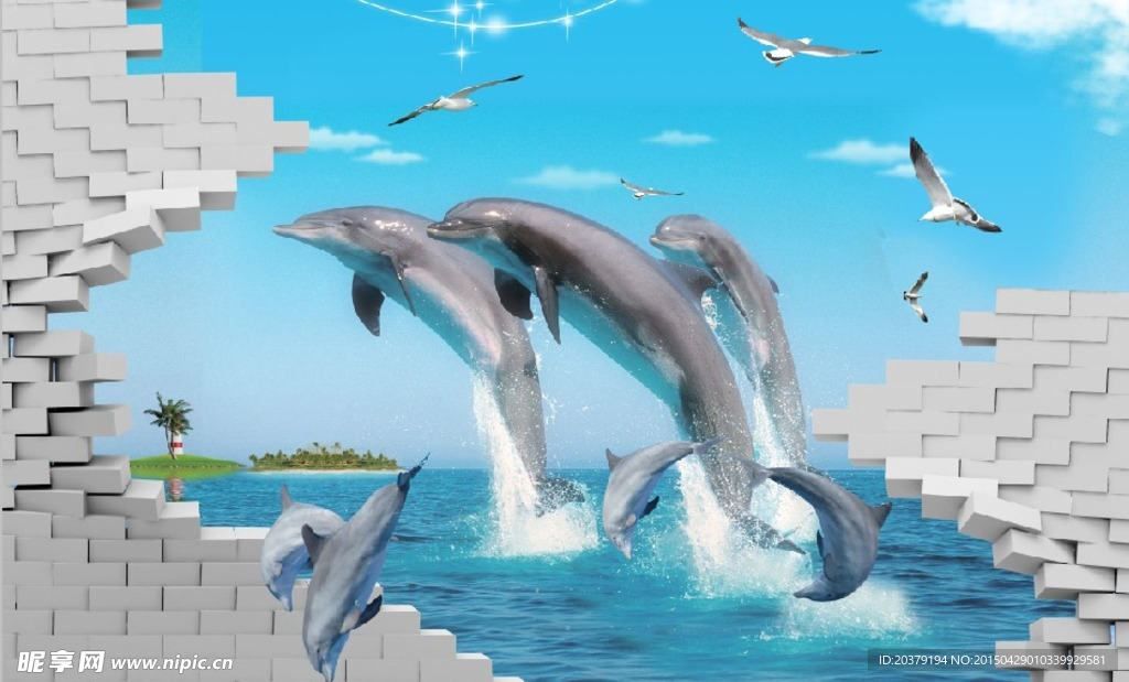 3D立体假墙面海豚背景墙