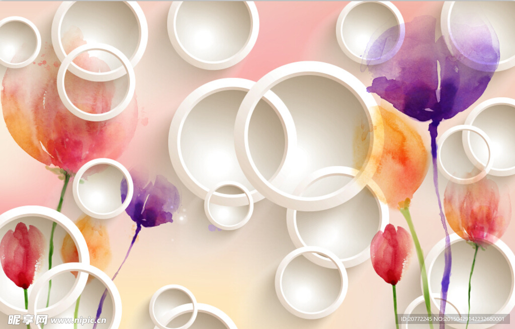 水粉花卉3D立体圆圈壁画