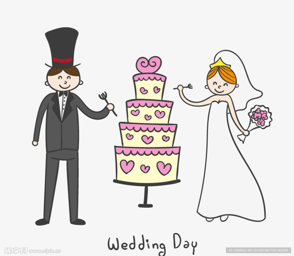 卡通新娘新郎与婚礼蛋糕矢量素材