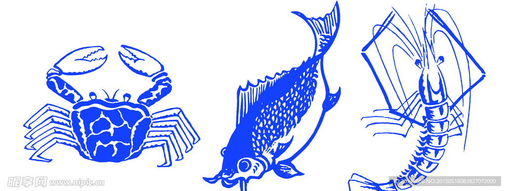 蟹鱼虾线描图案分层图