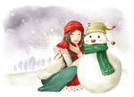 手绘雪地里的美女