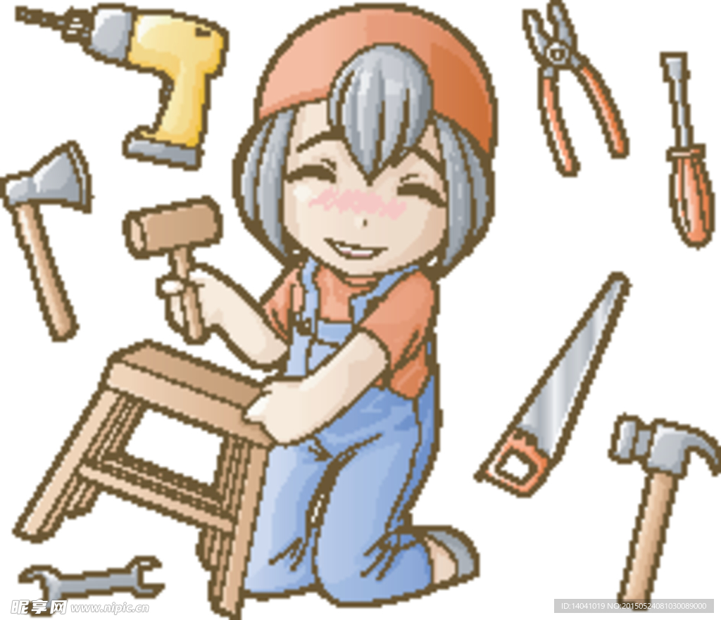 可爱木工女孩和工具