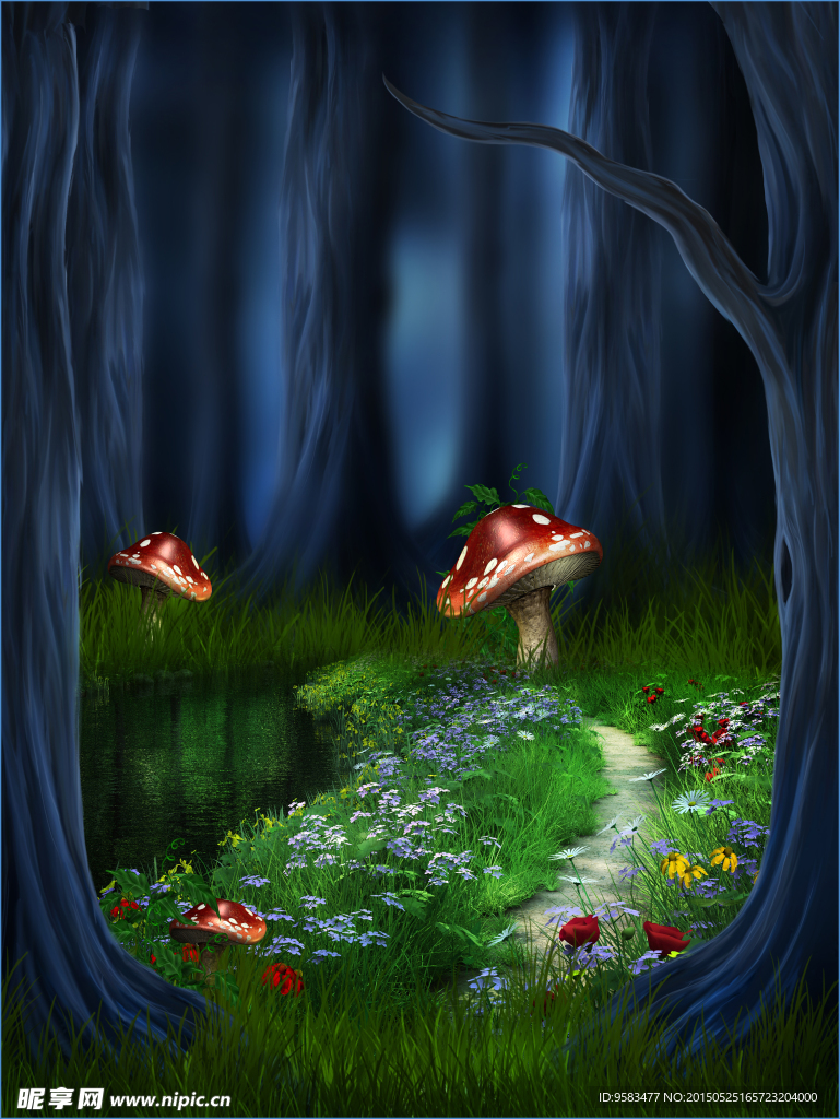 夜间树丛蘑菇美景