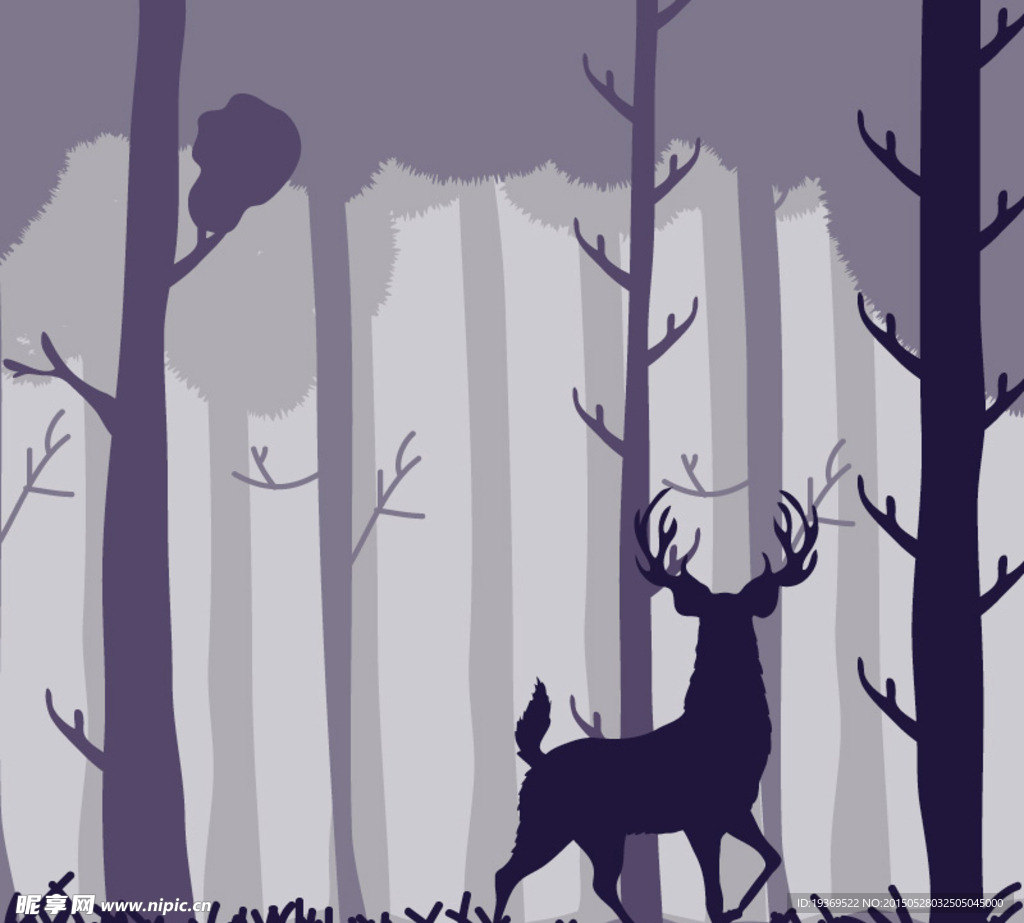 森林中的梅花鹿剪影插画矢量素材
