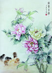 牡丹小鸡国画