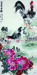 国画公鸡牡丹