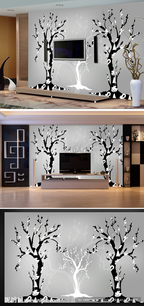 黑白艺术树怀旧个性电视背景墙