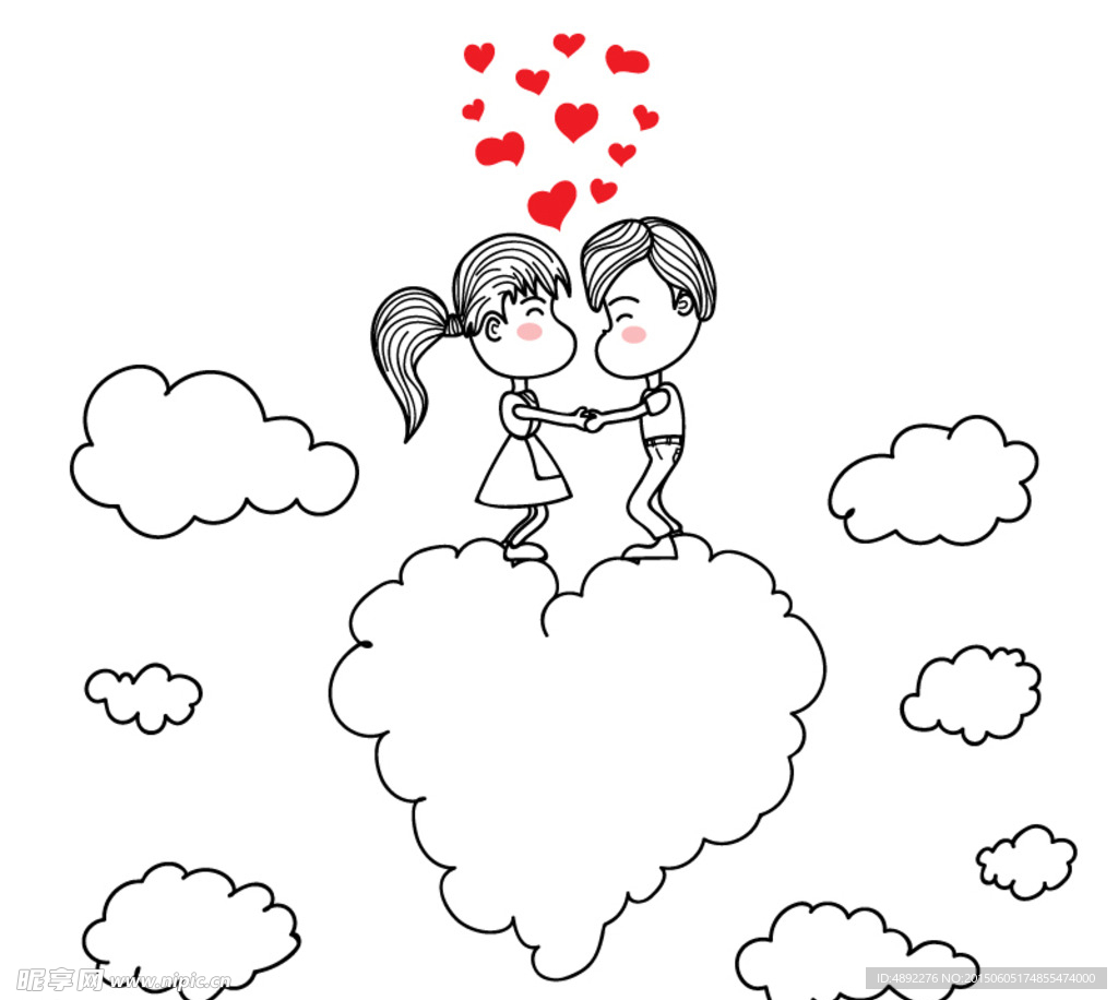 卡通手绘云朵上的情侣爱心矢量素