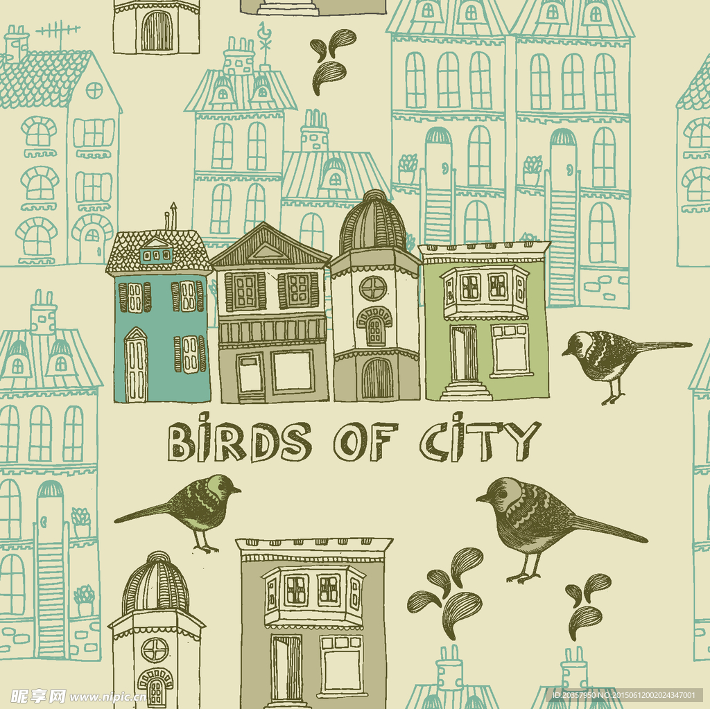 古典街景插画 复古鸟之城插画