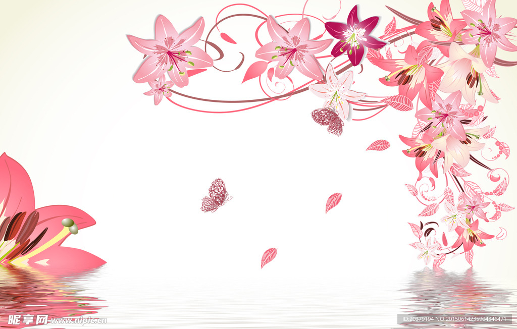 矢量百合花倒影水纹