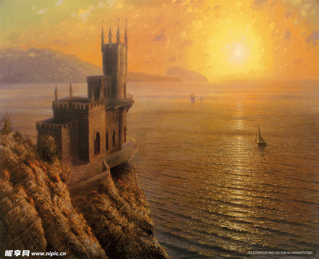 油画 海边城堡 夕阳西下