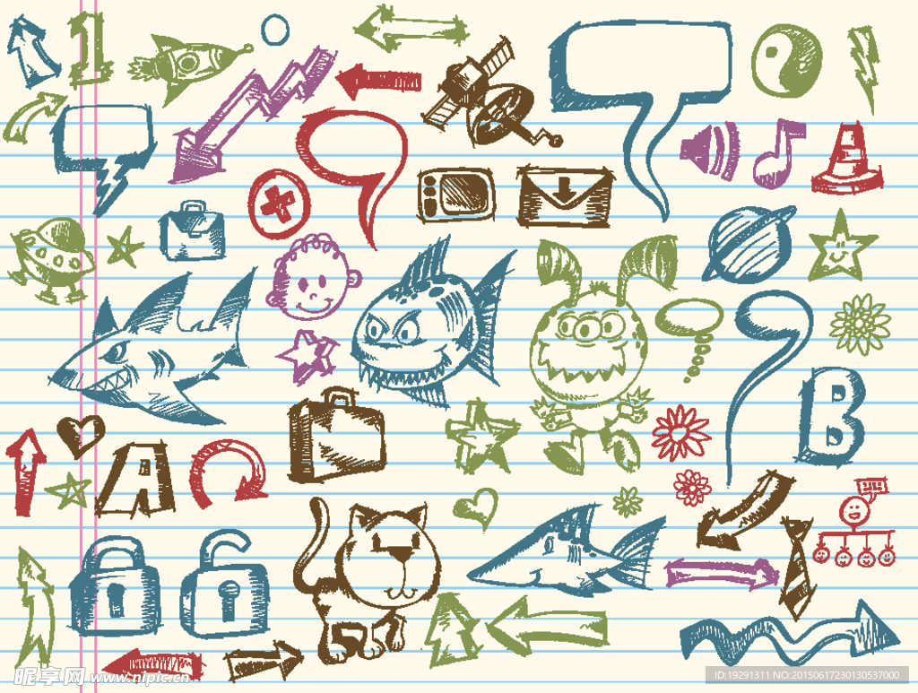 手绘卡通素描矢量