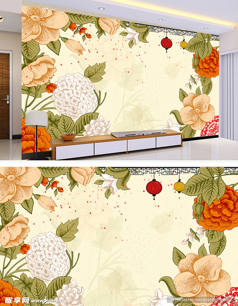 复古花卉装饰背景墙模板