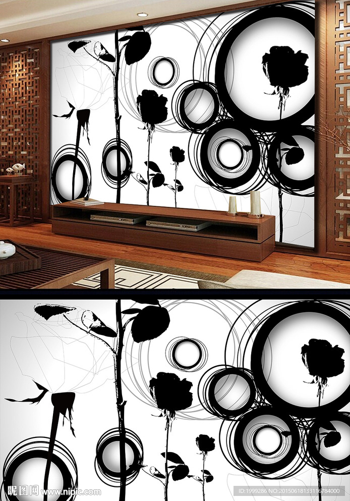 黑色线条圆环水墨抽象背景墙