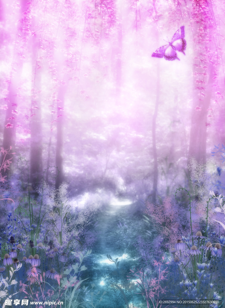 梦幻紫色蝴蝶背景渲染效果图