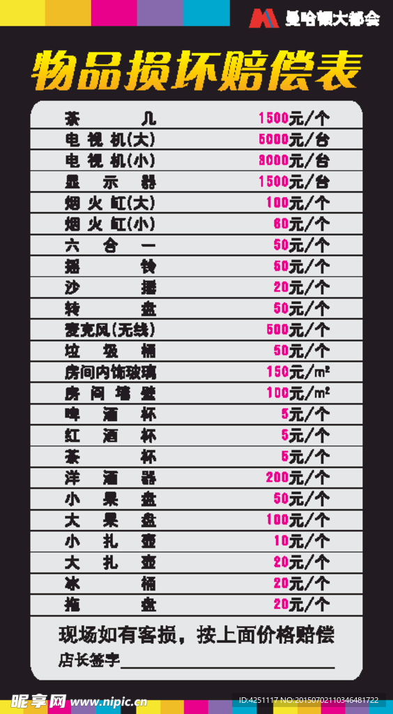 物品赔偿表