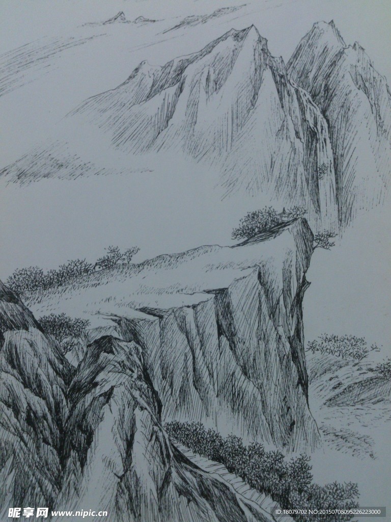 钢笔画山水