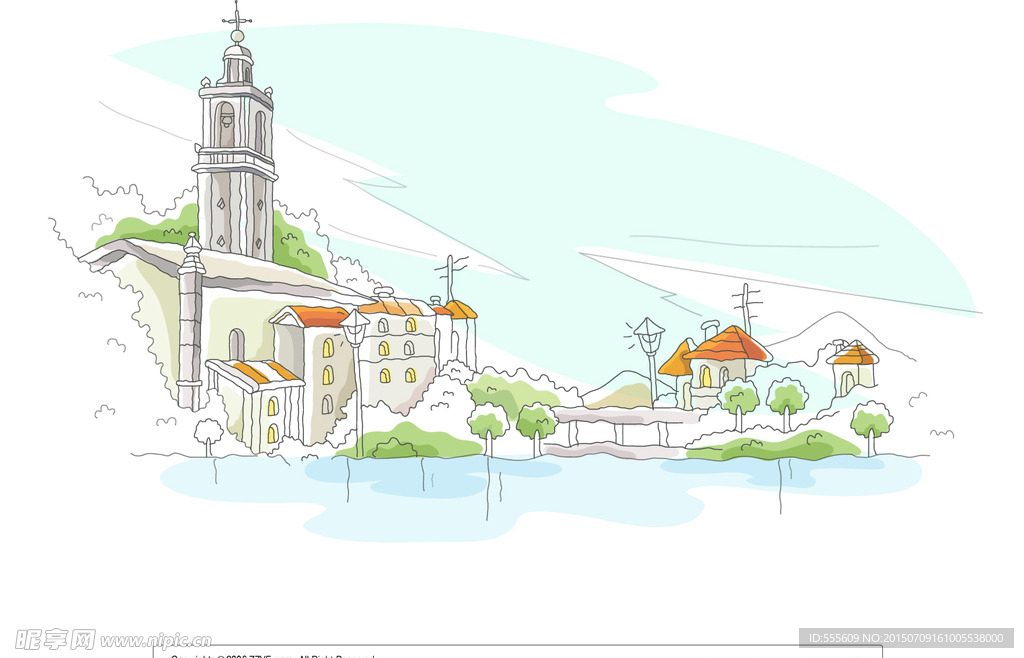 小镇风景插画