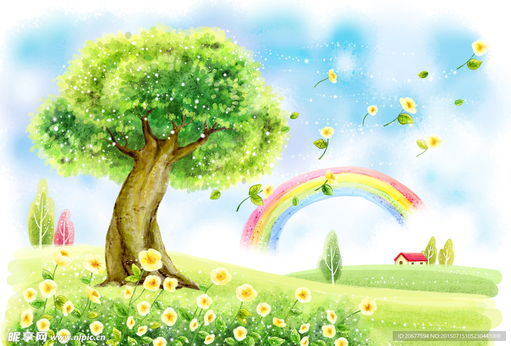 卡通彩虹大树背景