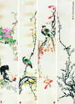 花鸟画四屏