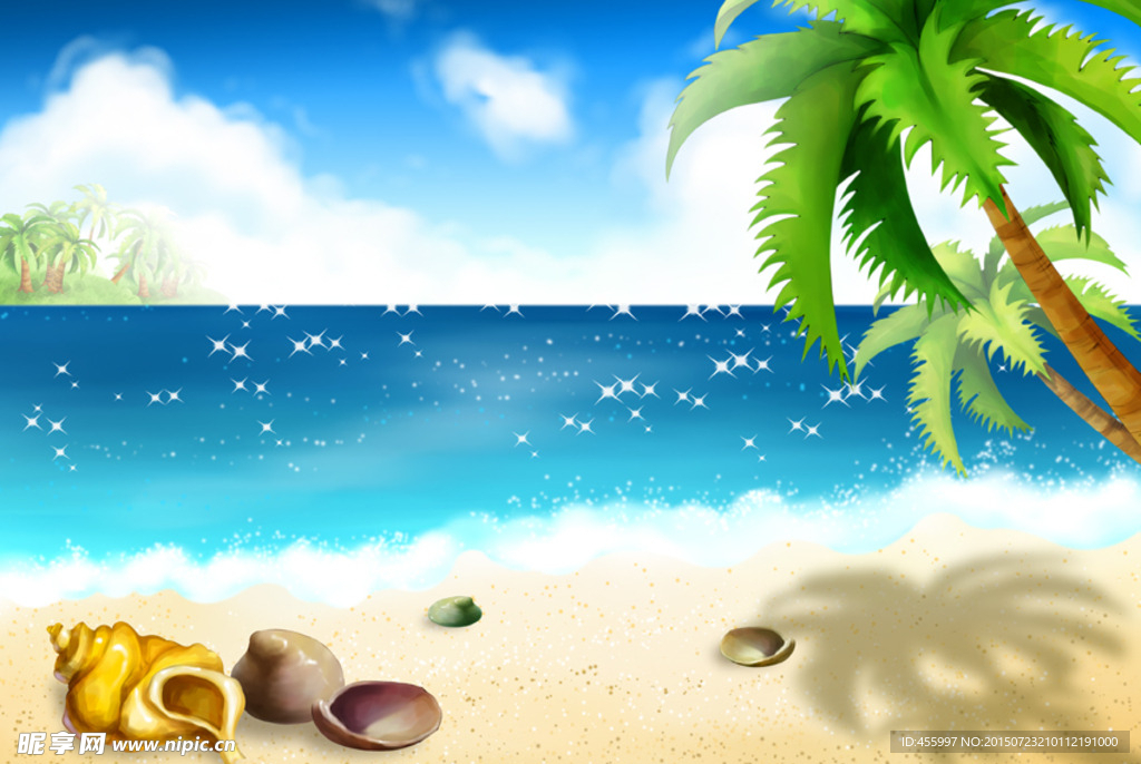 手绘卡通沙滩椰树风景插画