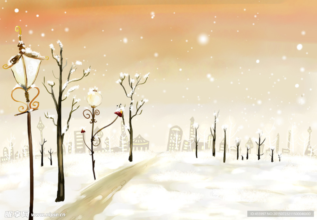 手绘梦幻城市郊外雪景风景插画