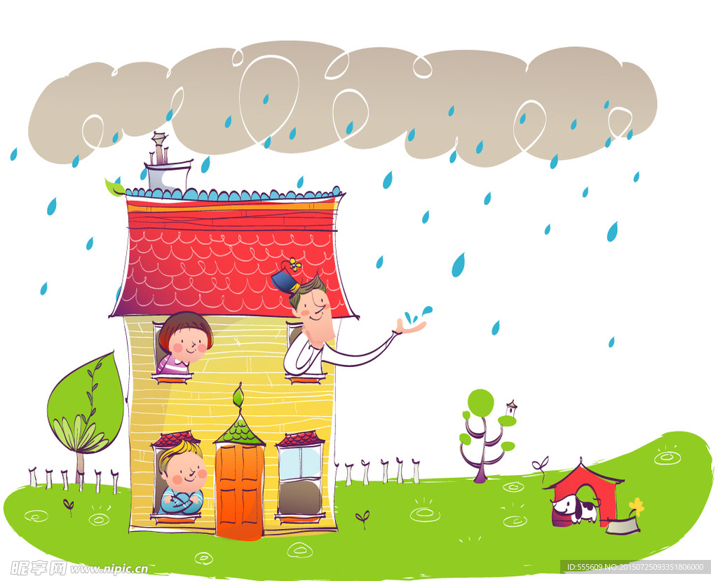 爸爸和孩子们一起赏雨