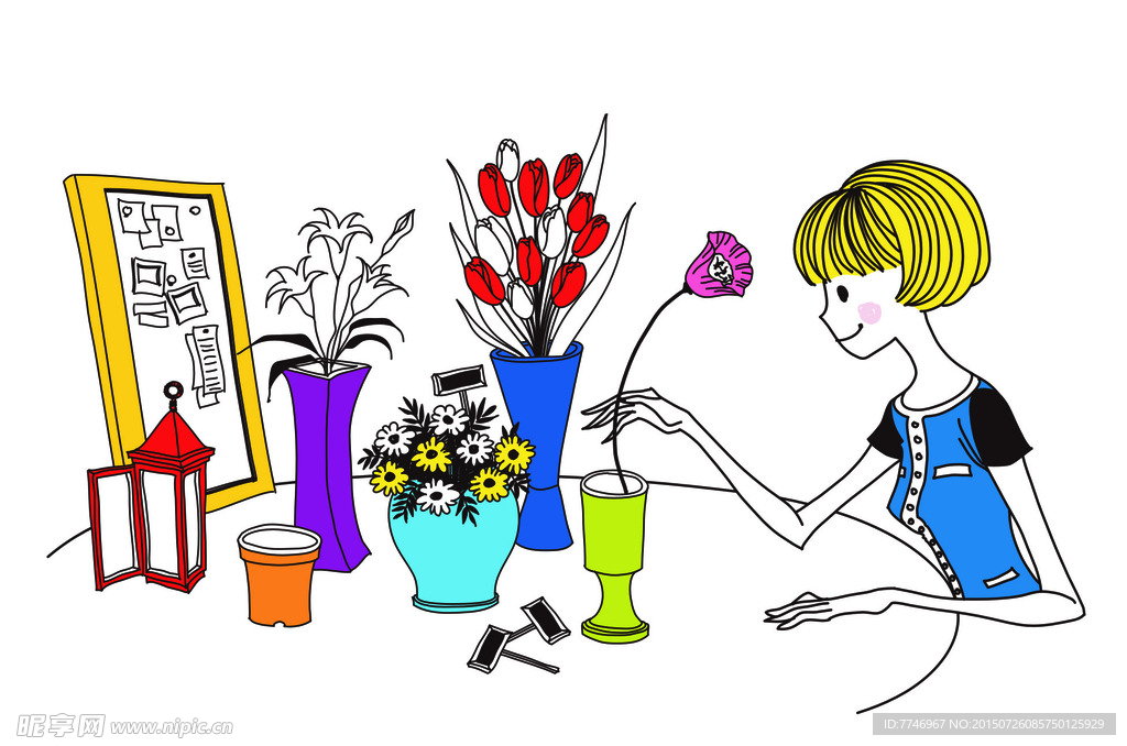 手绘女孩插花