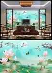山水画莲花玉雕背景墙