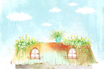手绘水彩屋顶风景插画