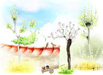 手绘水彩墙角风光风景插画
