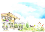 手绘水彩街景一角风光插画