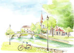 手绘水彩街景风景插画