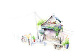 手绘水彩街景风光插画